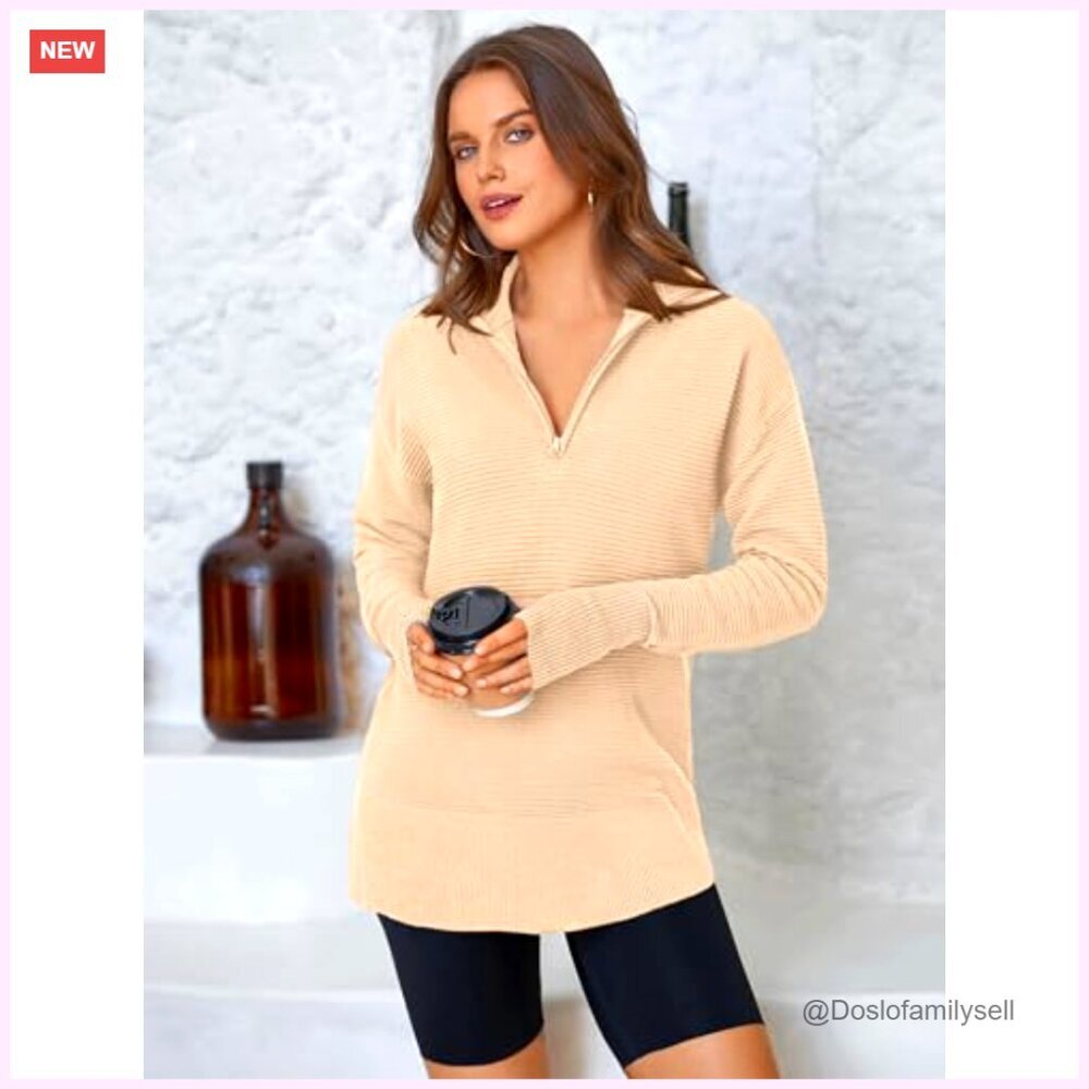 Long Sleeve Quarter Zip Pullover Sweater Ribbed Knit Thumb Hole Loose Fit - Picture 5 of 7